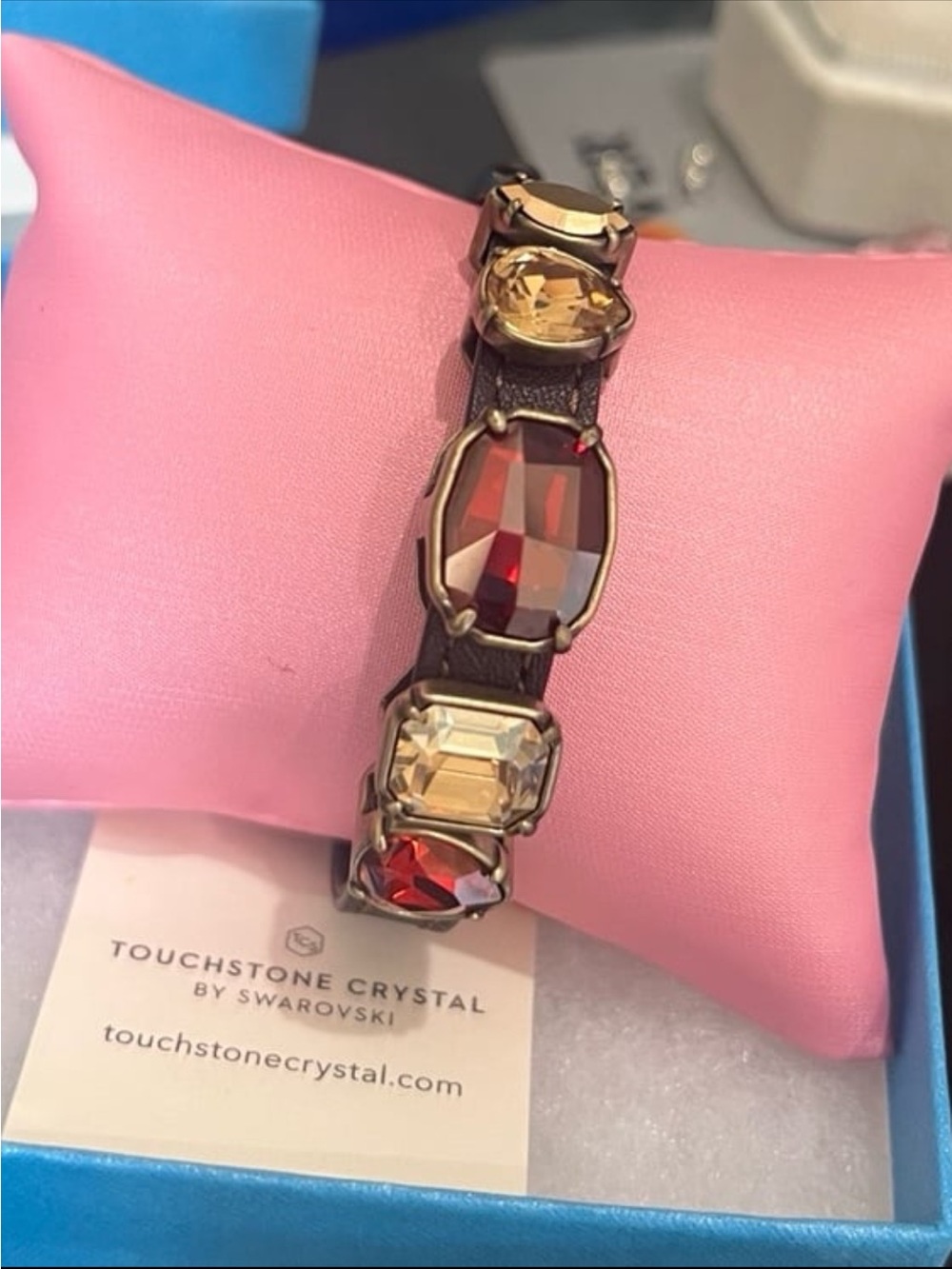 Out of dark touchstone NIB leather strap bracelet with amber  red crystals #1546